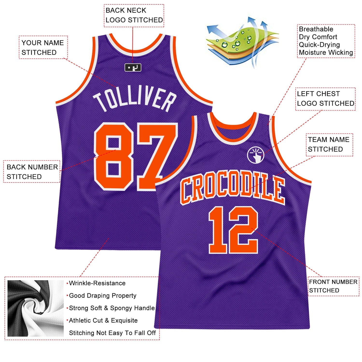 Custom Purple Orange-White Authentic Throwback Basketball Jersey view 2