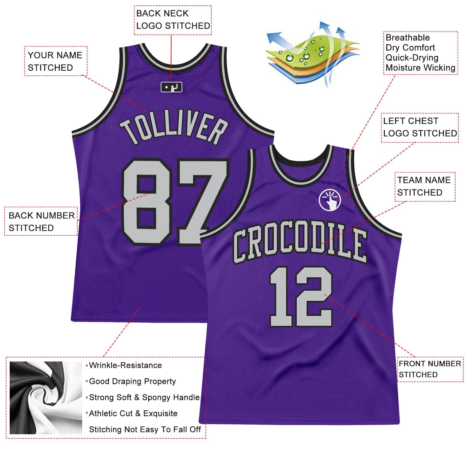 Custom Purple Gray-Black Authentic Throwback Basketball Jersey view 2