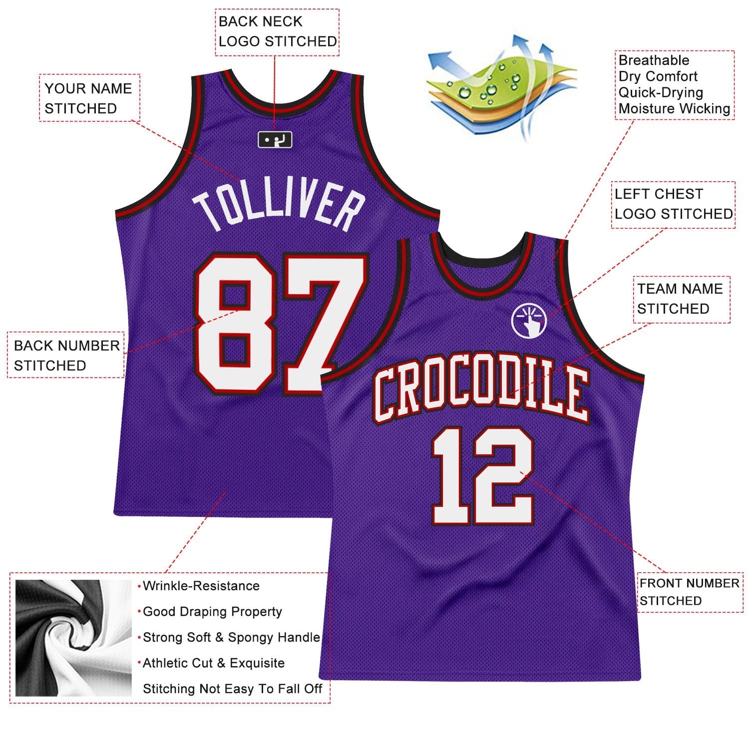 Custom Purple White Red-Black Authentic Throwback Basketball Jersey view 2