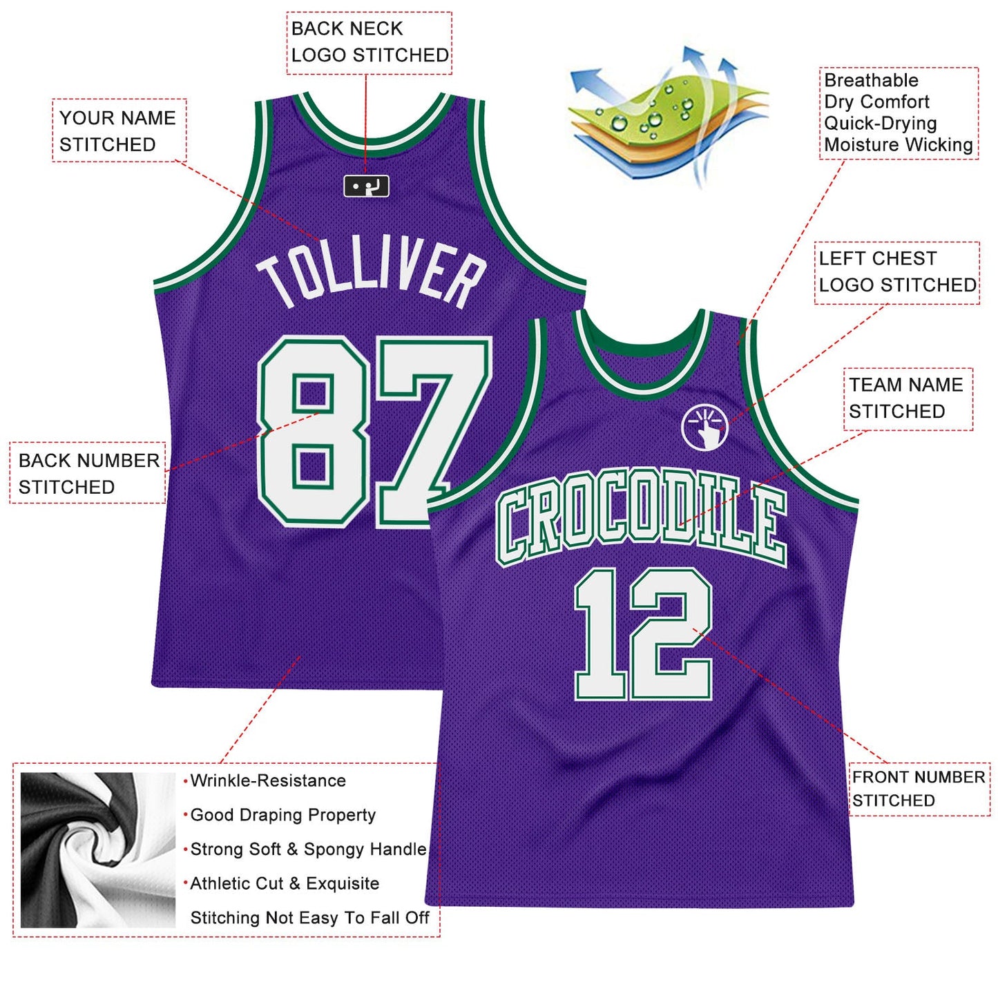 Custom Purple White-Kelly Green Authentic Throwback Basketball Jersey view 2
