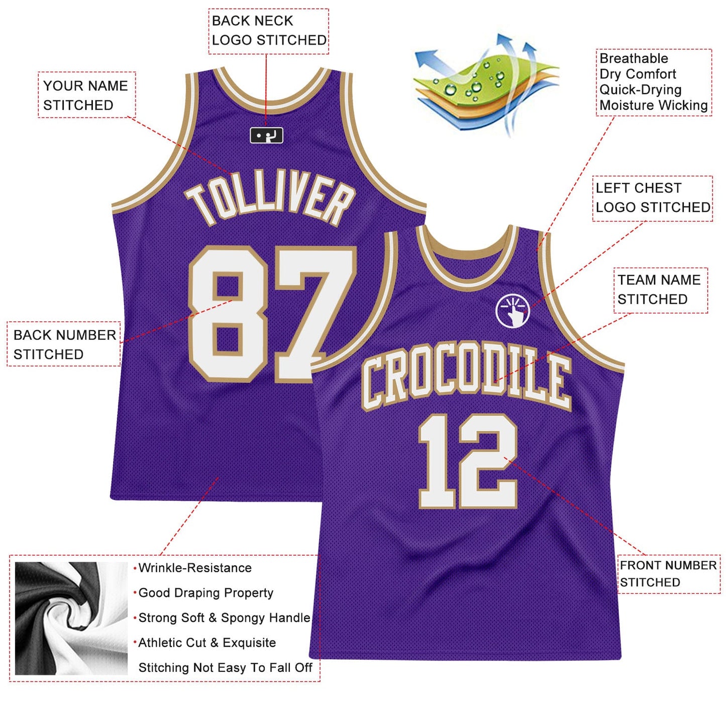 Custom Purple White-Old Gold Authentic Throwback Basketball Jersey view 2