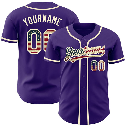 Custom Purple Vintage USA Flag-Cream Authentic Baseball Jersey - Main View