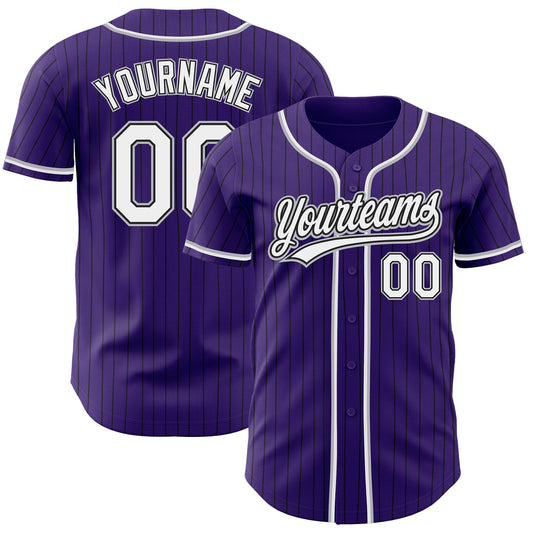Custom Purple Black Pinstripe White-Gray Authentic Baseball Jersey - Main View