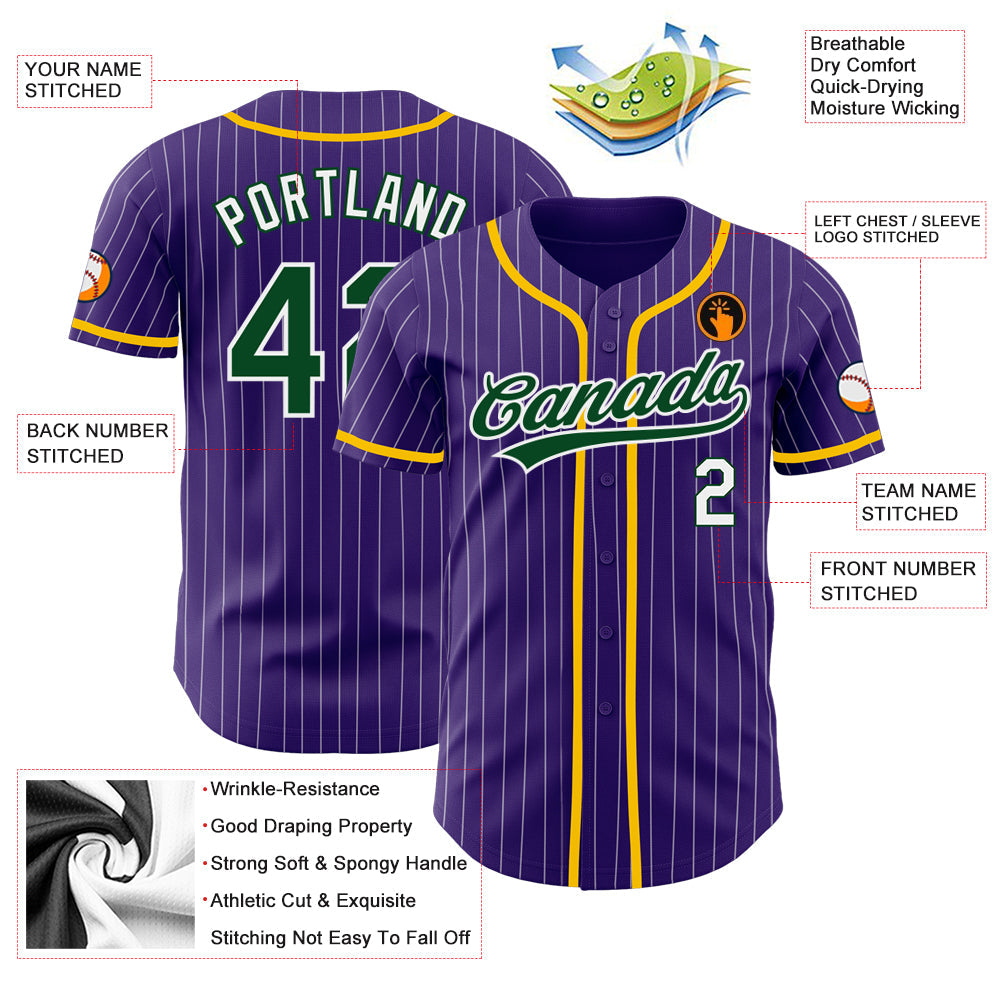 Custom Purple White Pinstripe Green Authentic Baseball Jersey view 3
