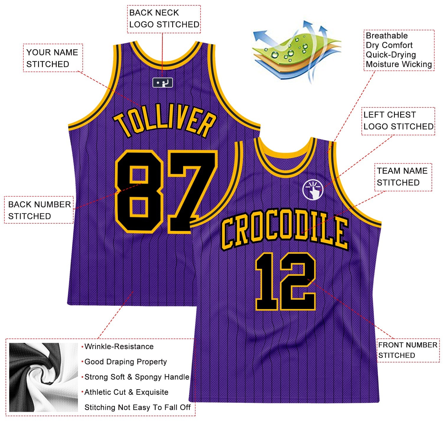 Custom Purple Black Pinstripe Black-Gold Authentic Basketball Jersey view 2