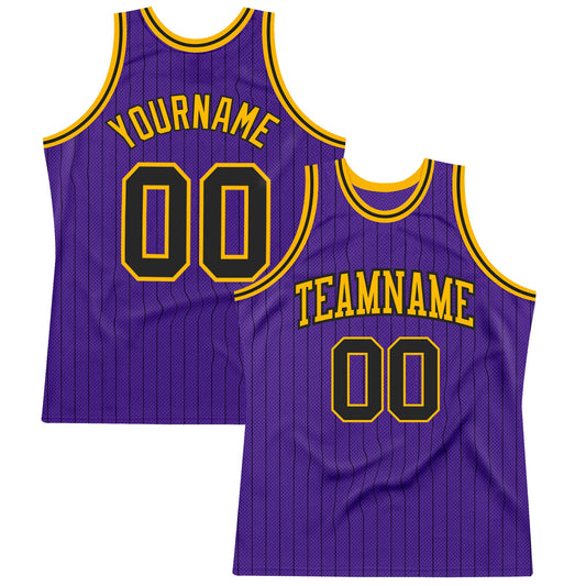 Custom Purple Black Pinstripe Black-Gold Authentic Basketball Jersey - Main View