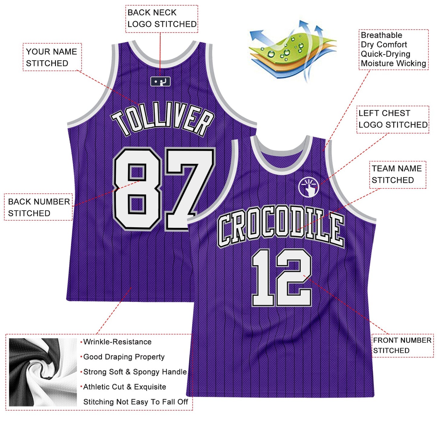Custom Purple Black Pinstripe White-Gray Authentic Basketball Jersey view 2