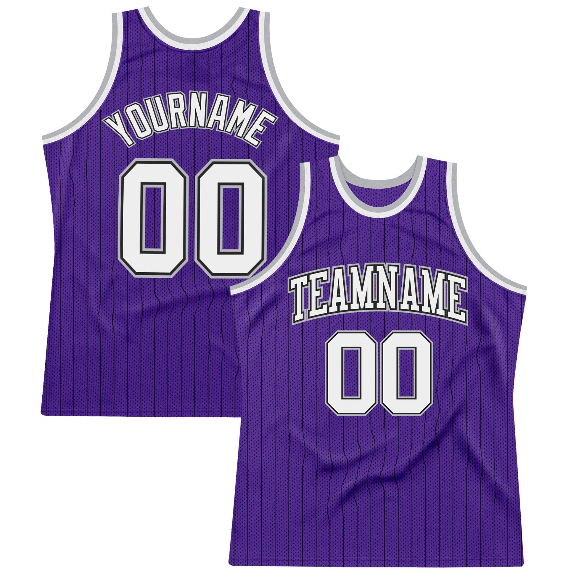 Custom Purple Black Pinstripe White-Gray Authentic Basketball Jersey - Main View