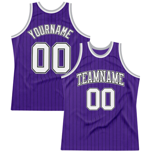 Custom Purple Black Pinstripe White-Gray Authentic Basketball Jersey - Main View