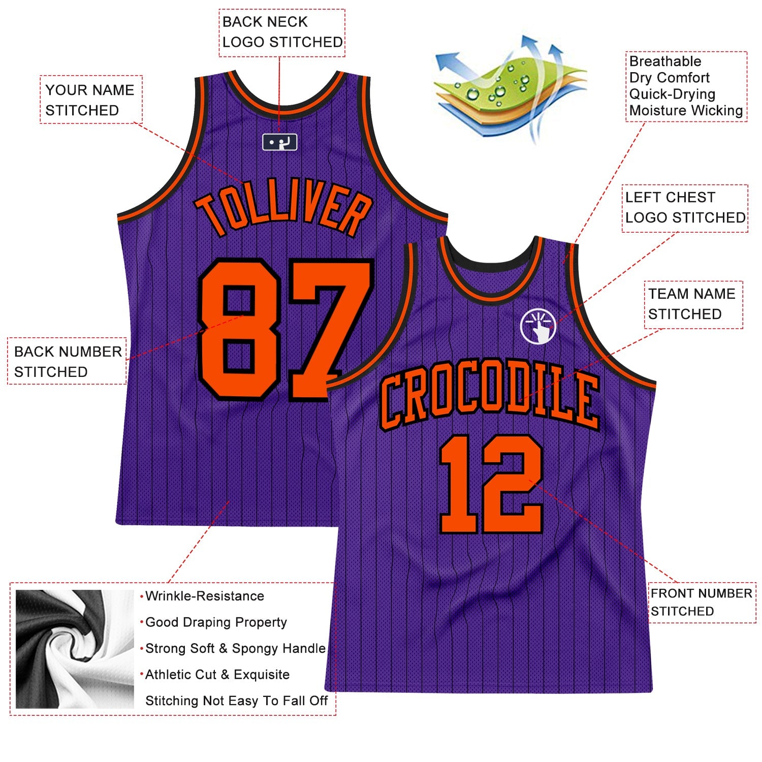 Custom Purple Black Pinstripe Orange Authentic Basketball Jersey view 2