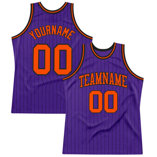 Custom Purple Black Pinstripe Orange Authentic Basketball Jersey - Main View
