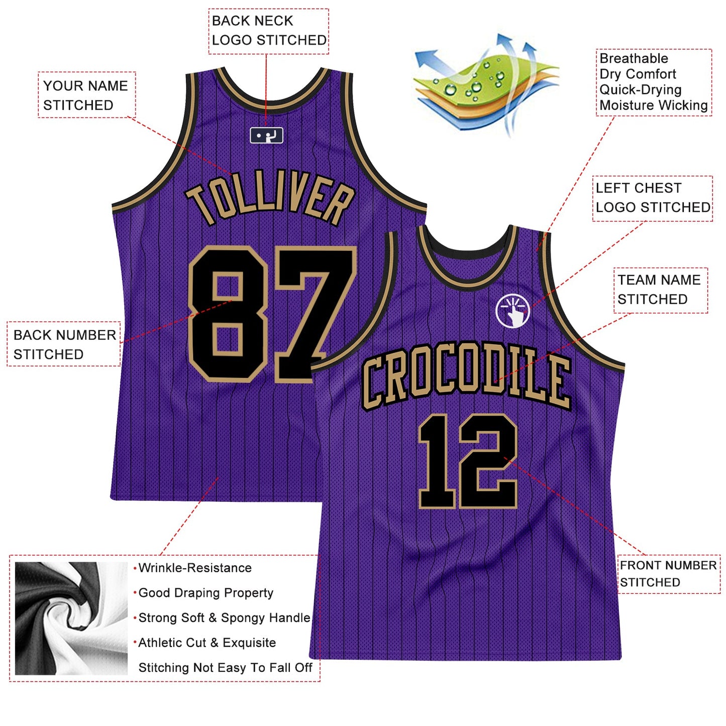 Custom Purple Black Pinstripe Black-Old Gold Authentic Basketball Jersey view 2