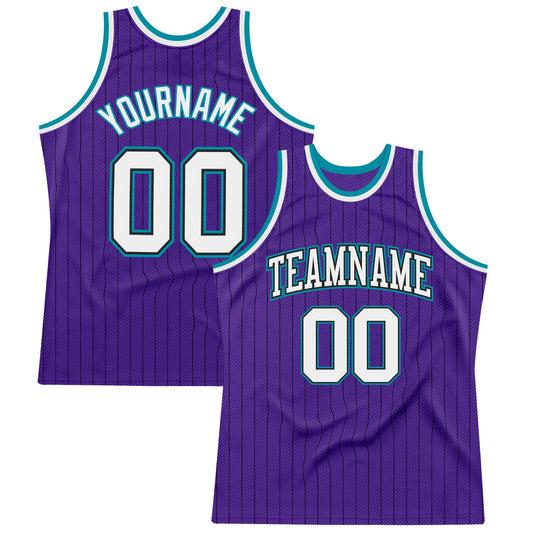 Custom Purple Black Pinstripe White-Teal Authentic Basketball Jersey - Main View