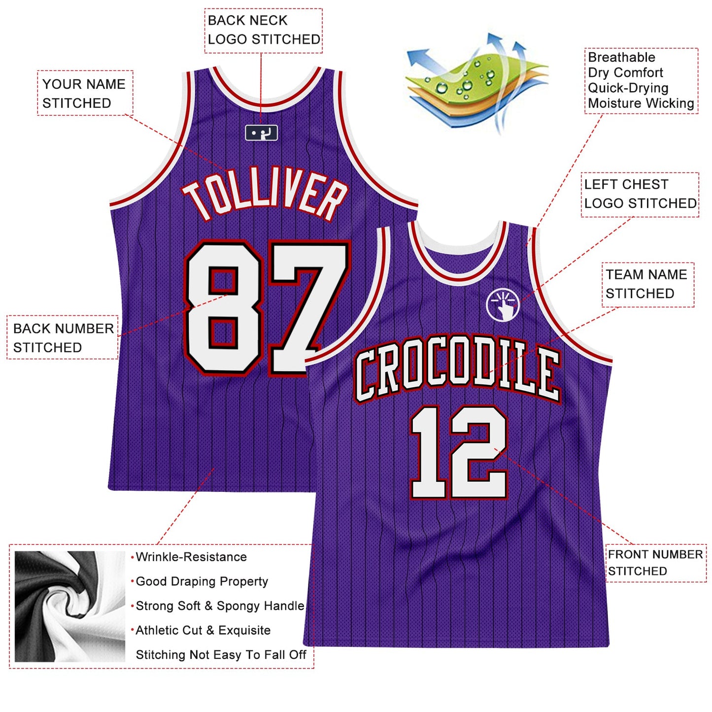 Custom Purple Black Pinstripe White-Red Authentic Basketball Jersey view 2