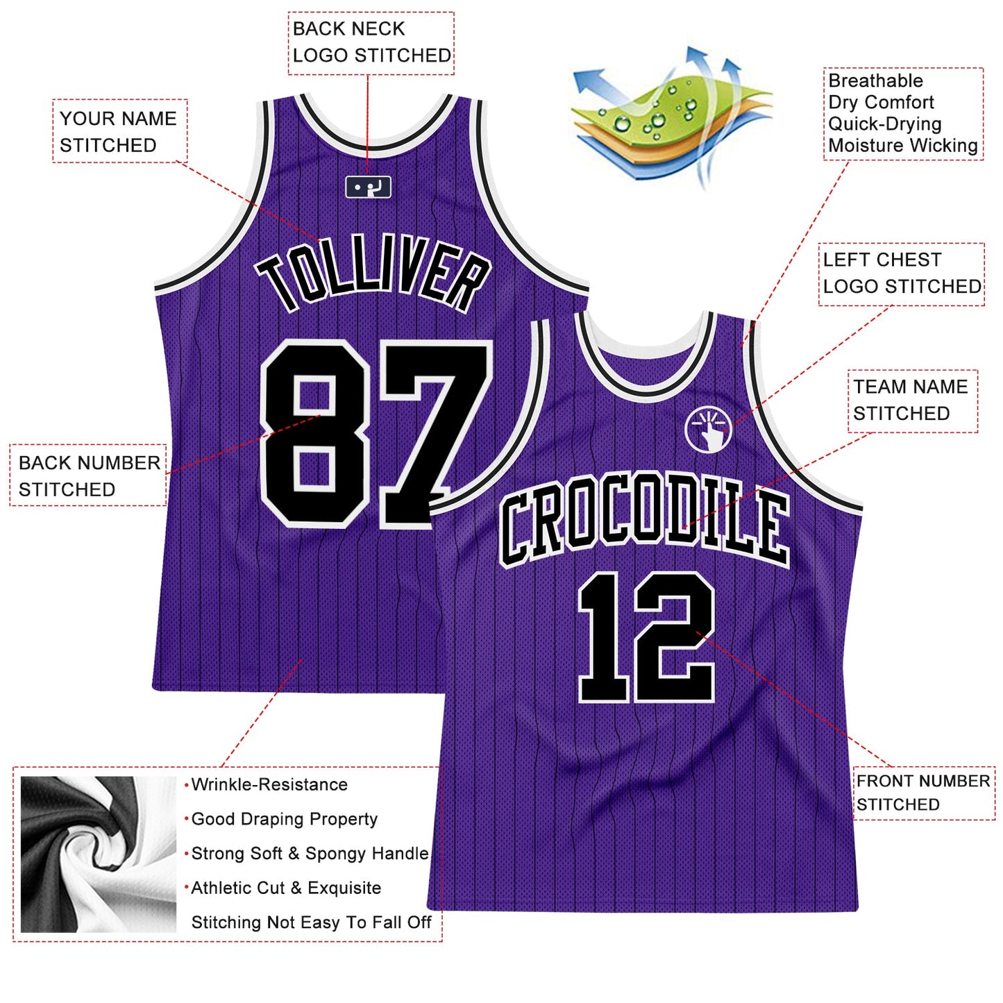 Custom Purple Black Pinstripe Black-White Authentic Basketball Jersey view 2