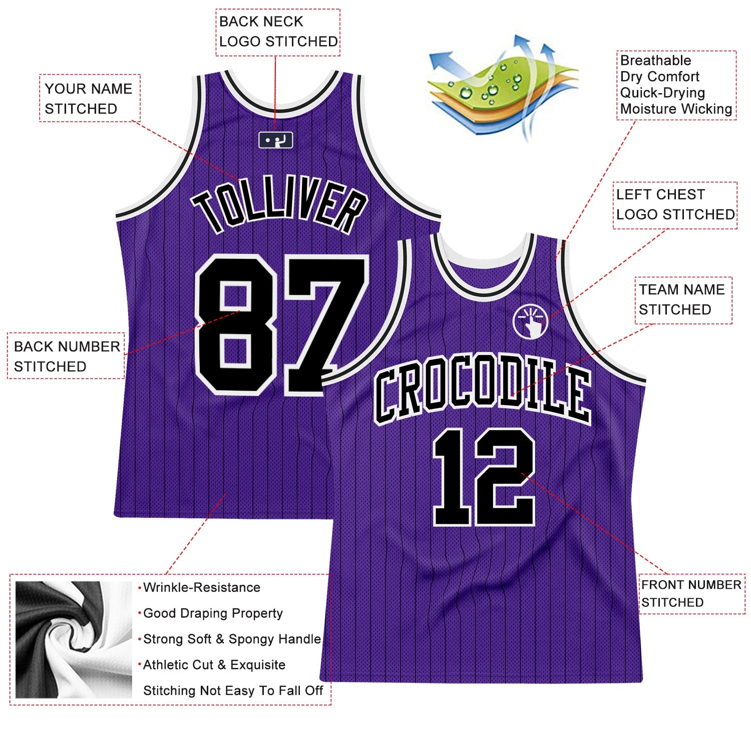 Custom Purple Black Pinstripe Black-White Authentic Basketball Jersey view 2