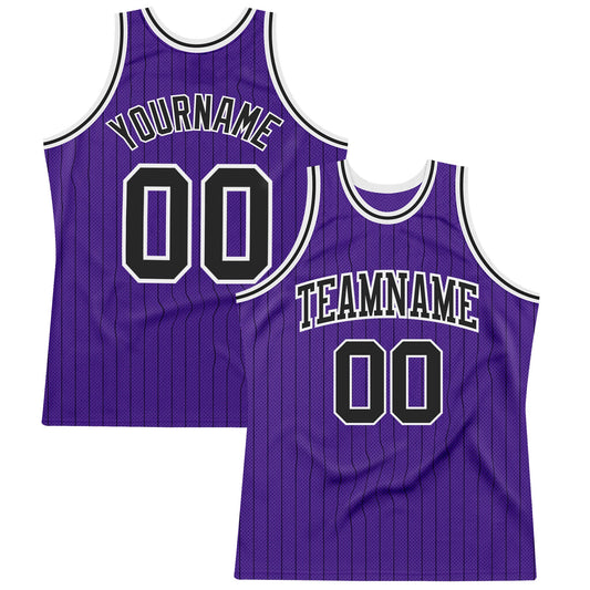 Custom Purple Black Pinstripe Black-White Authentic Basketball Jersey - Main View