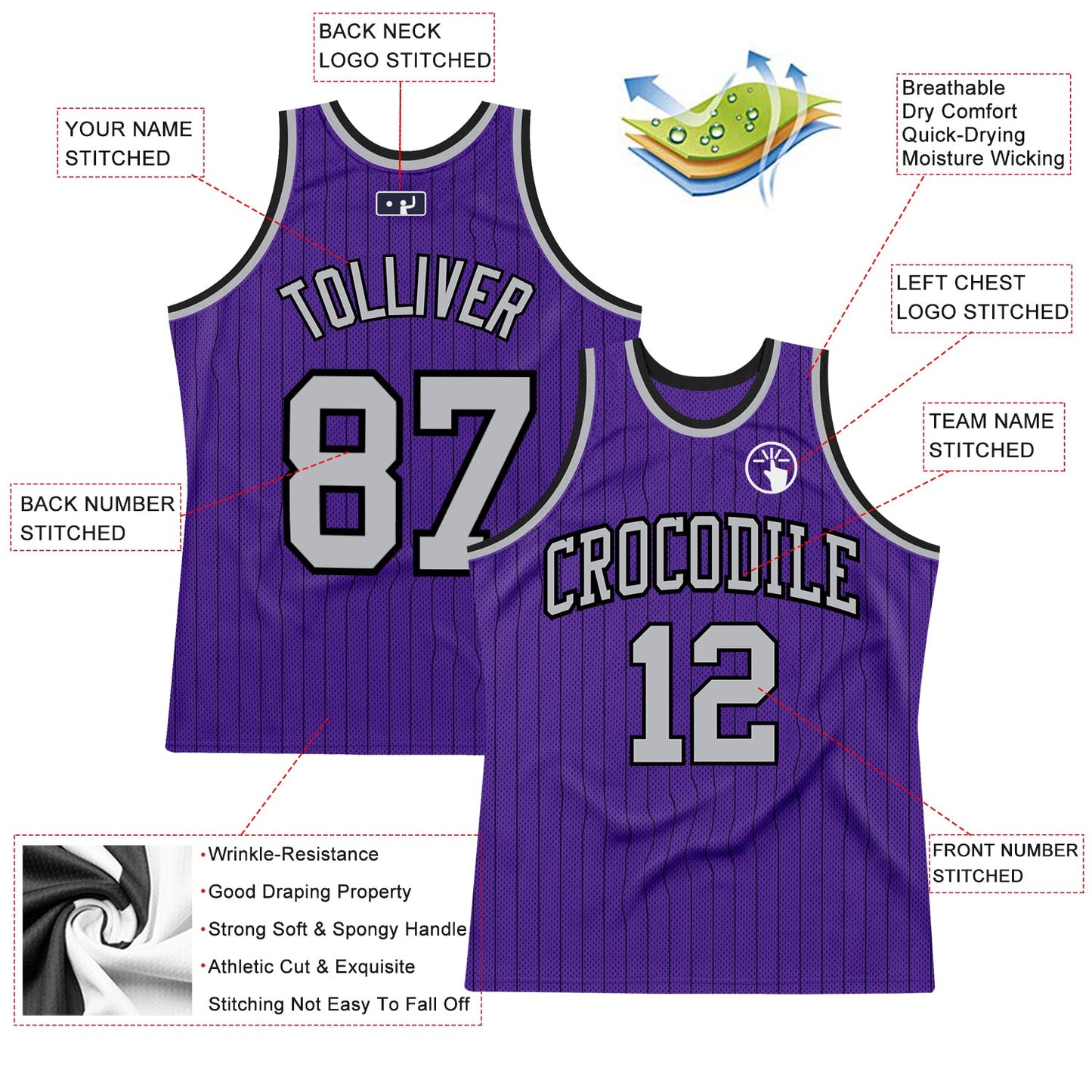 Custom Purple Black Pinstripe Gray Authentic Basketball Jersey view 2