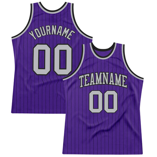 Custom Purple Black Pinstripe Gray Authentic Basketball Jersey - Main View