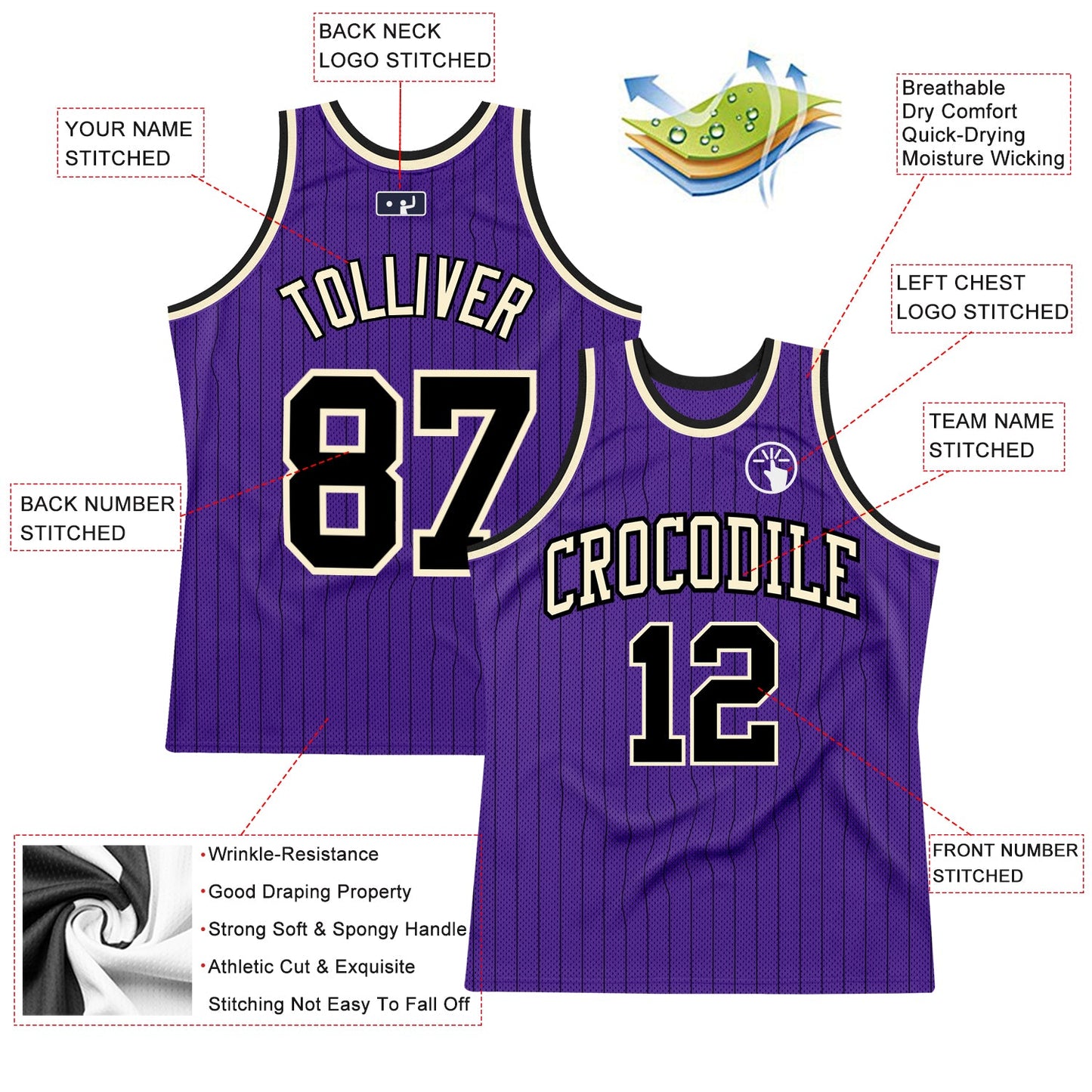 Custom Purple Black Pinstripe Black-Cream Authentic Basketball Jersey view 2