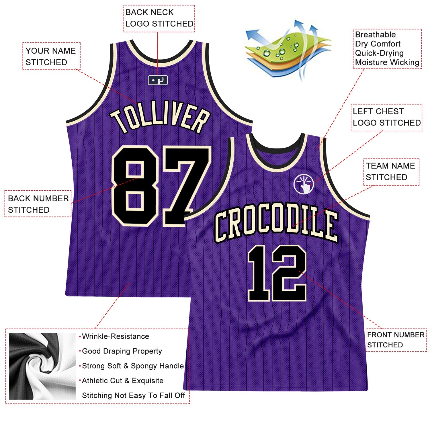 Custom Purple Black Pinstripe Black-Cream Authentic Basketball Jersey view 2