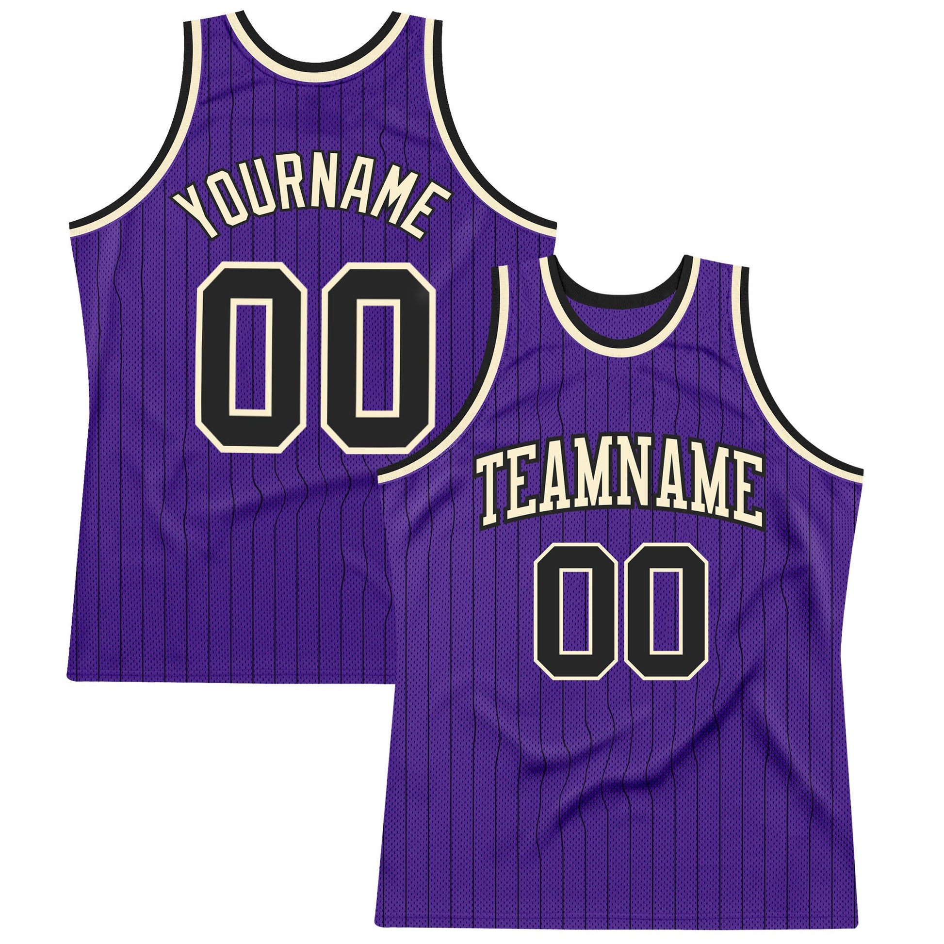 Custom Purple Black Pinstripe Black-Cream Authentic Basketball Jersey - Main View