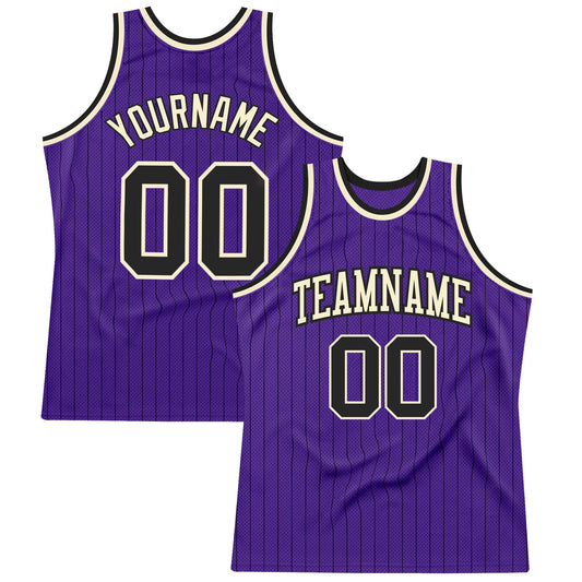 Custom Purple Black Pinstripe Black-Cream Authentic Basketball Jersey - Main View