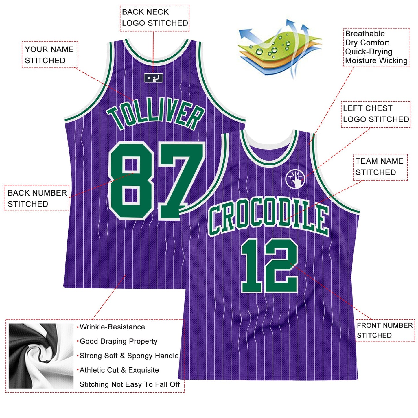 Custom Purple White Pinstripe Kelly Green Authentic Basketball Jersey view 2