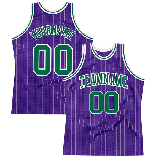 Custom Purple White Pinstripe Kelly Green Authentic Basketball Jersey - Main View