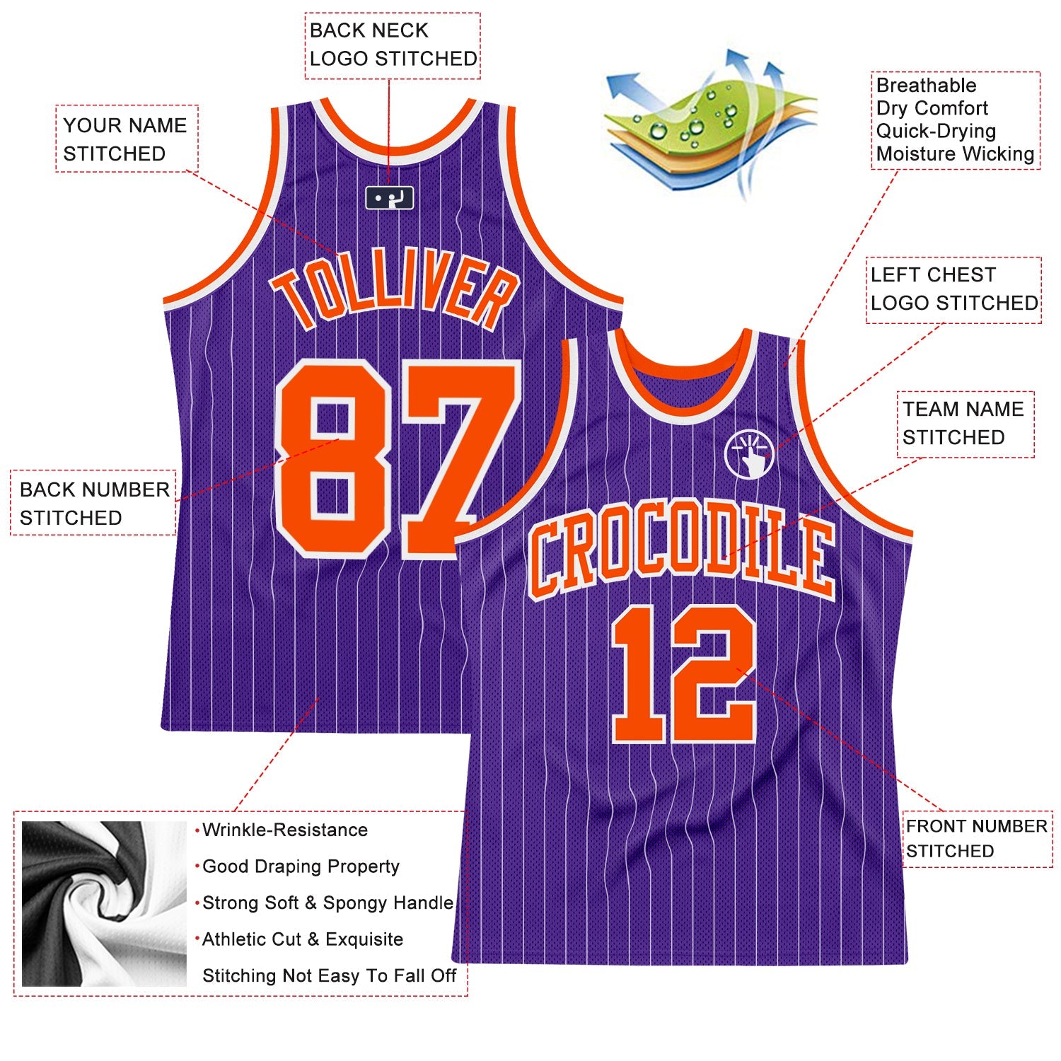 Custom Purple White Pinstripe Orange Authentic Basketball Jersey view 2