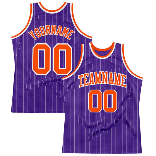 Custom Purple White Pinstripe Orange Authentic Basketball Jersey - Main View