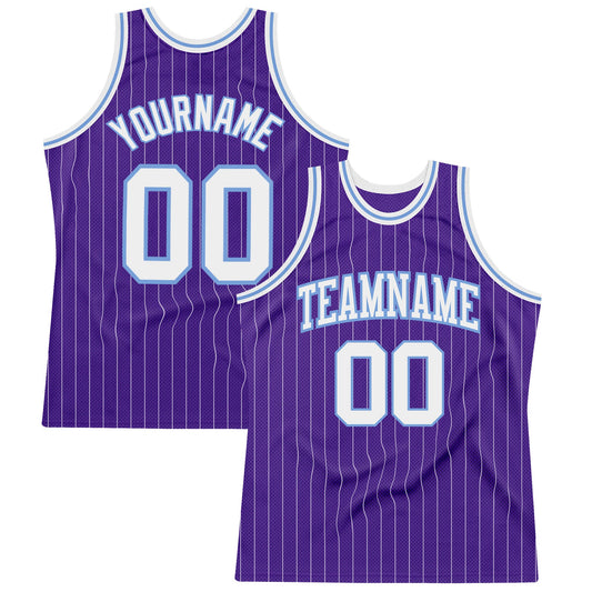 Custom Purple White Pinstripe White-Light Blue Authentic Basketball Jersey - Main View