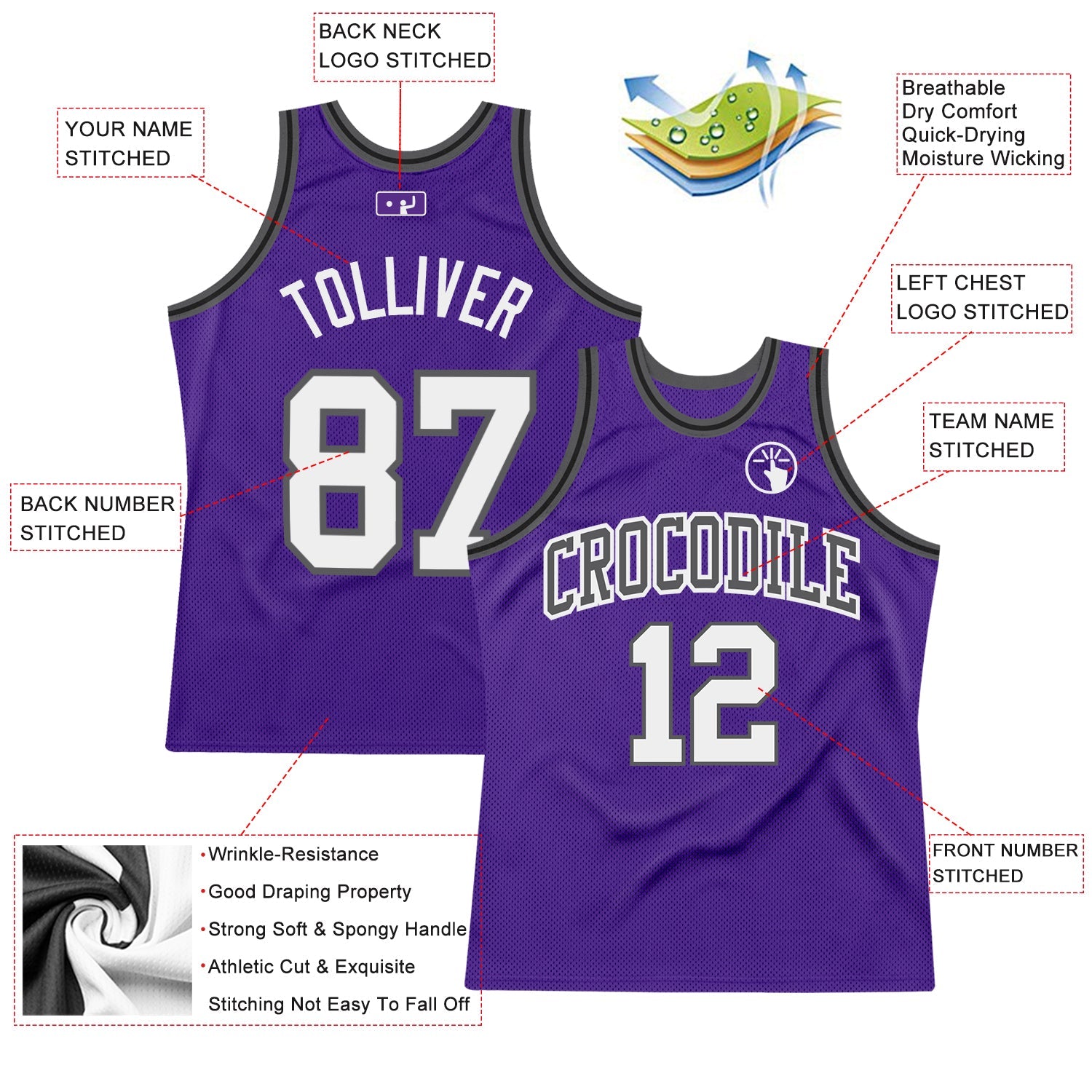 Custom Purple White Steel Gray-Black Authentic Throwback Basketball Jersey view 2