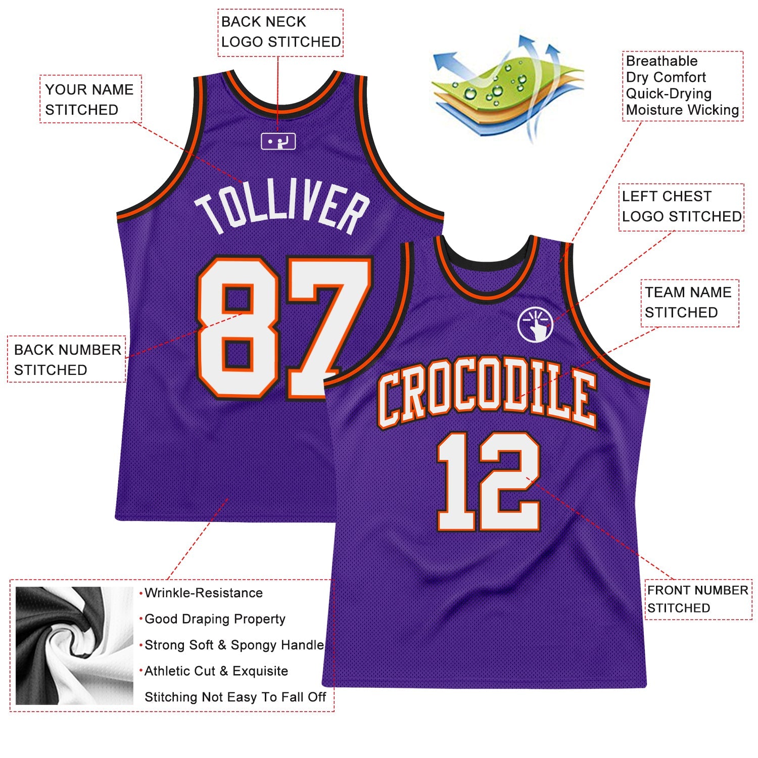 Custom Purple White Orange-Black Authentic Throwback Basketball Jersey view 2