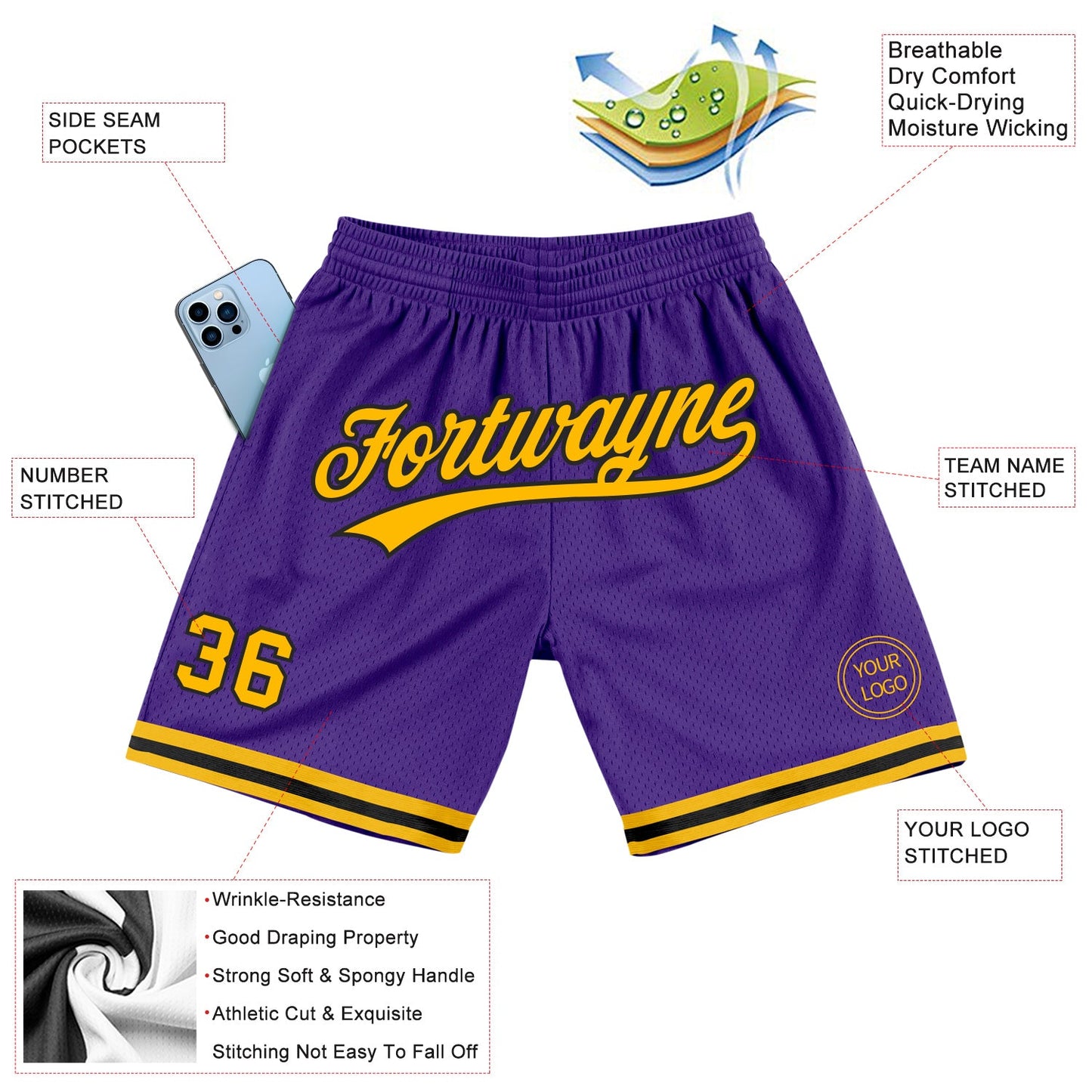 Custom Purple Gold-Black Authentic Throwback Basketball Shorts view 2