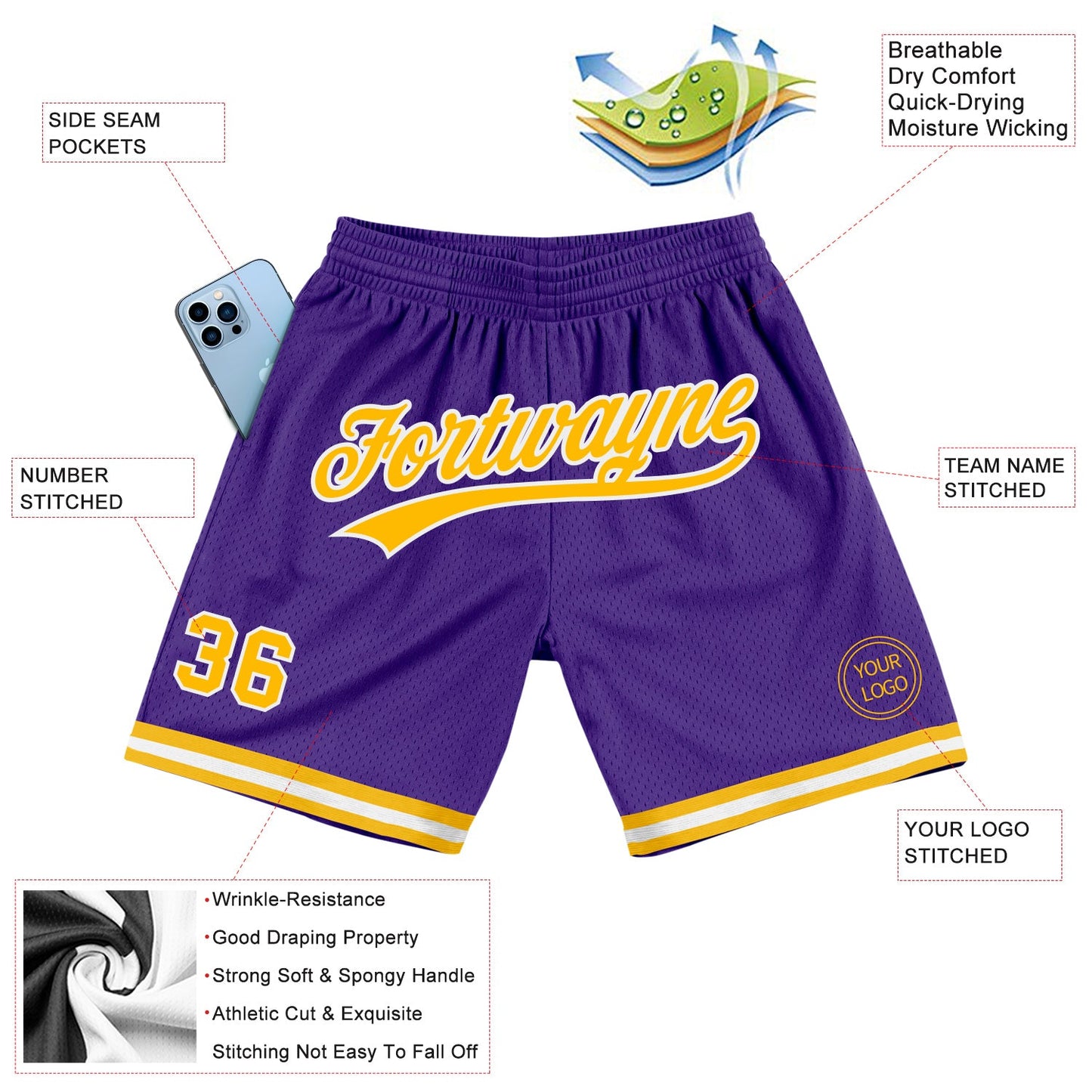Custom Purple Gold-White Authentic Throwback Basketball Shorts view 2