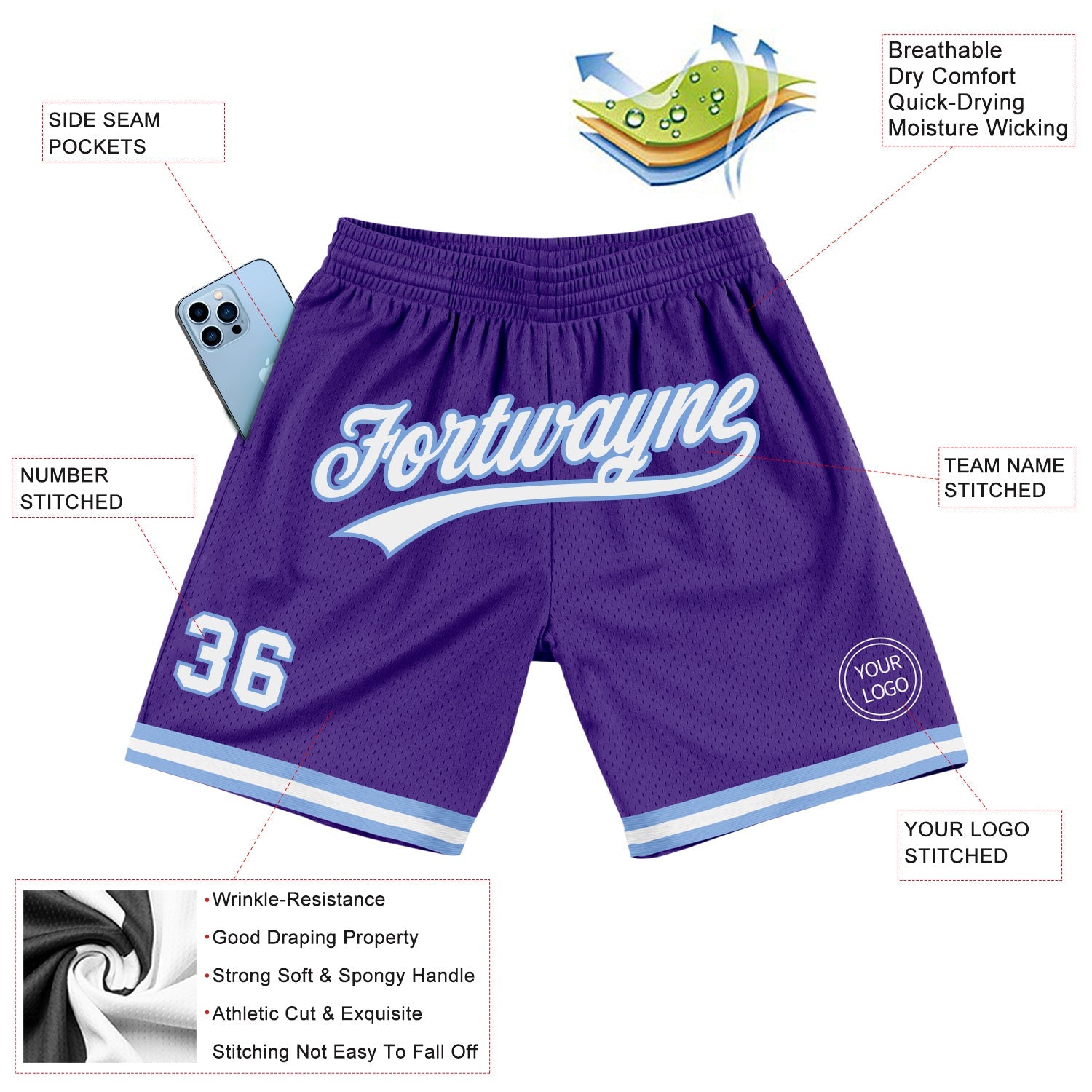 Custom Purple White-Light Blue Authentic Throwback Basketball Shorts view 2