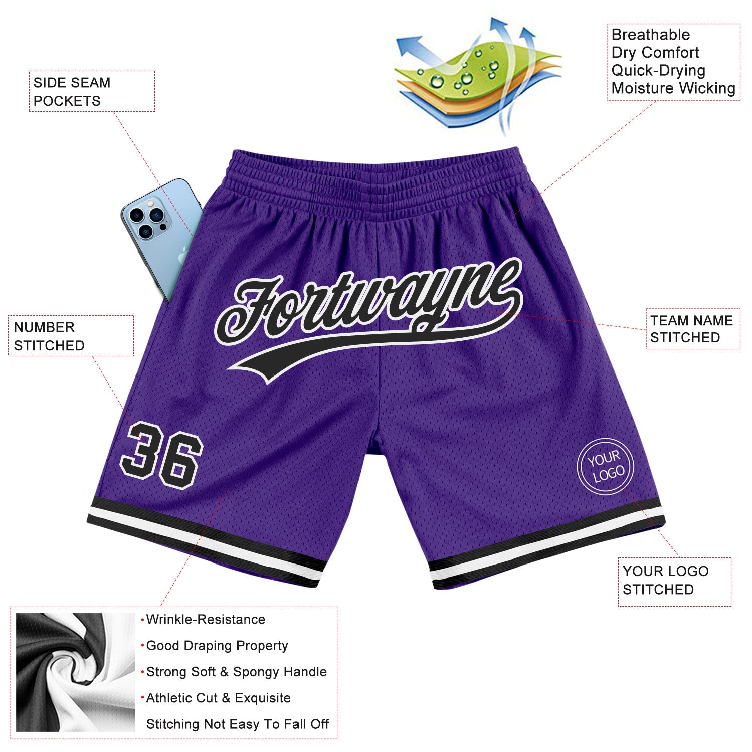Custom Purple Black-White Authentic Throwback Basketball Shorts view 2