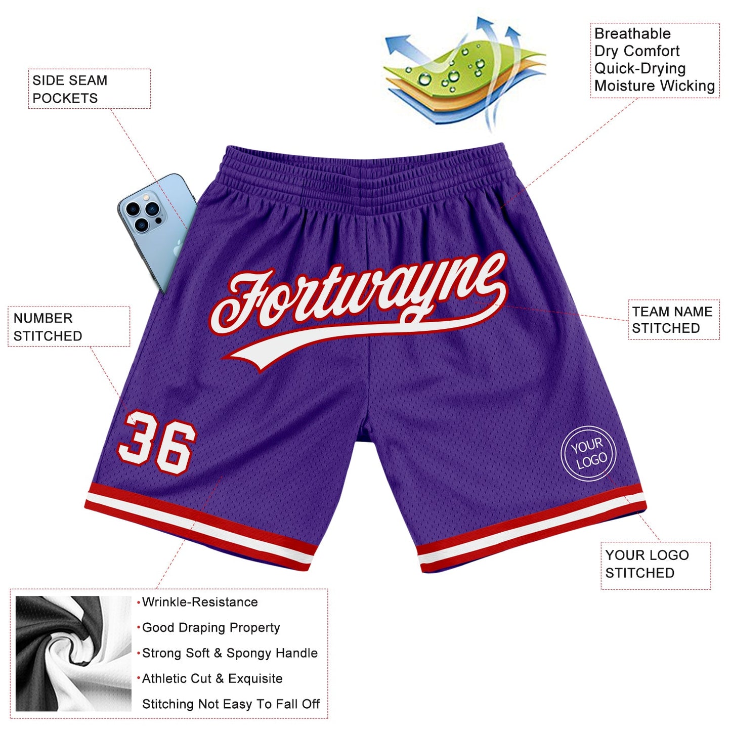 Custom Purple White-Red Authentic Throwback Basketball Shorts view 2