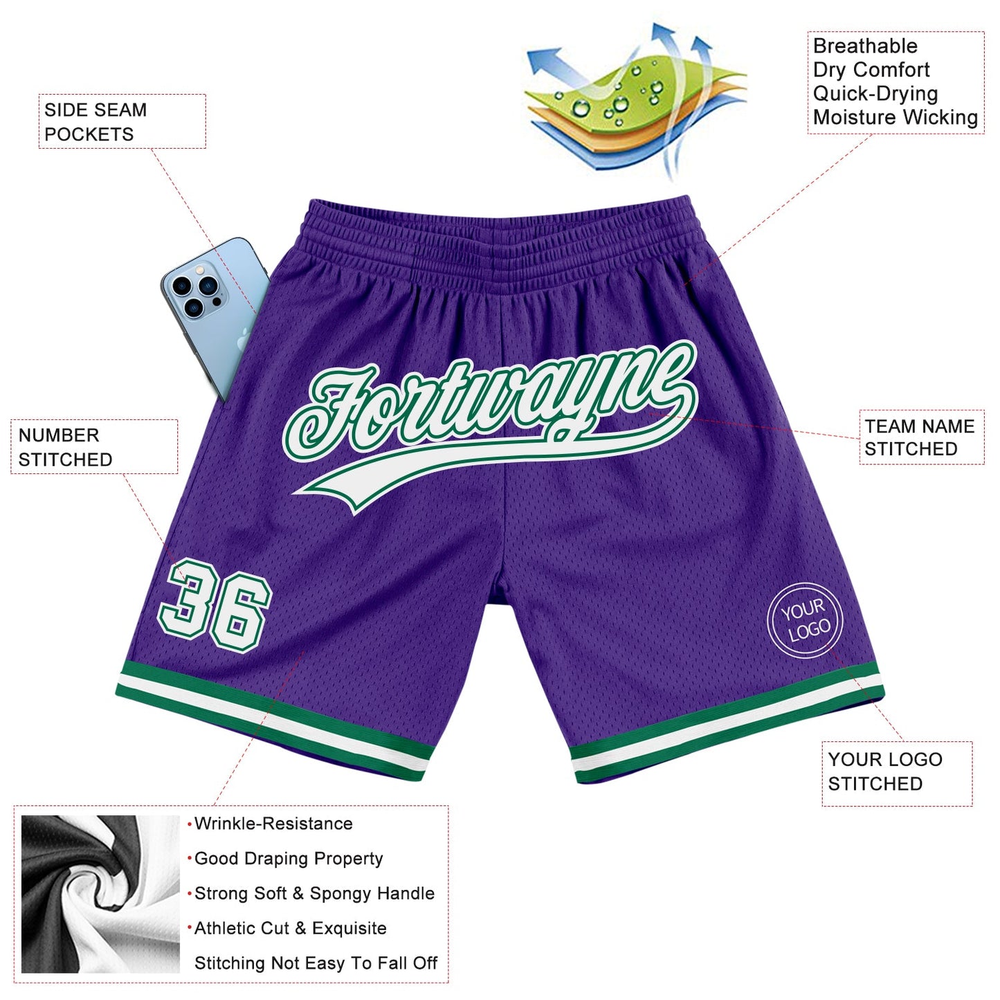 Custom Purple White-Kelly Green Authentic Throwback Basketball Shorts view 2