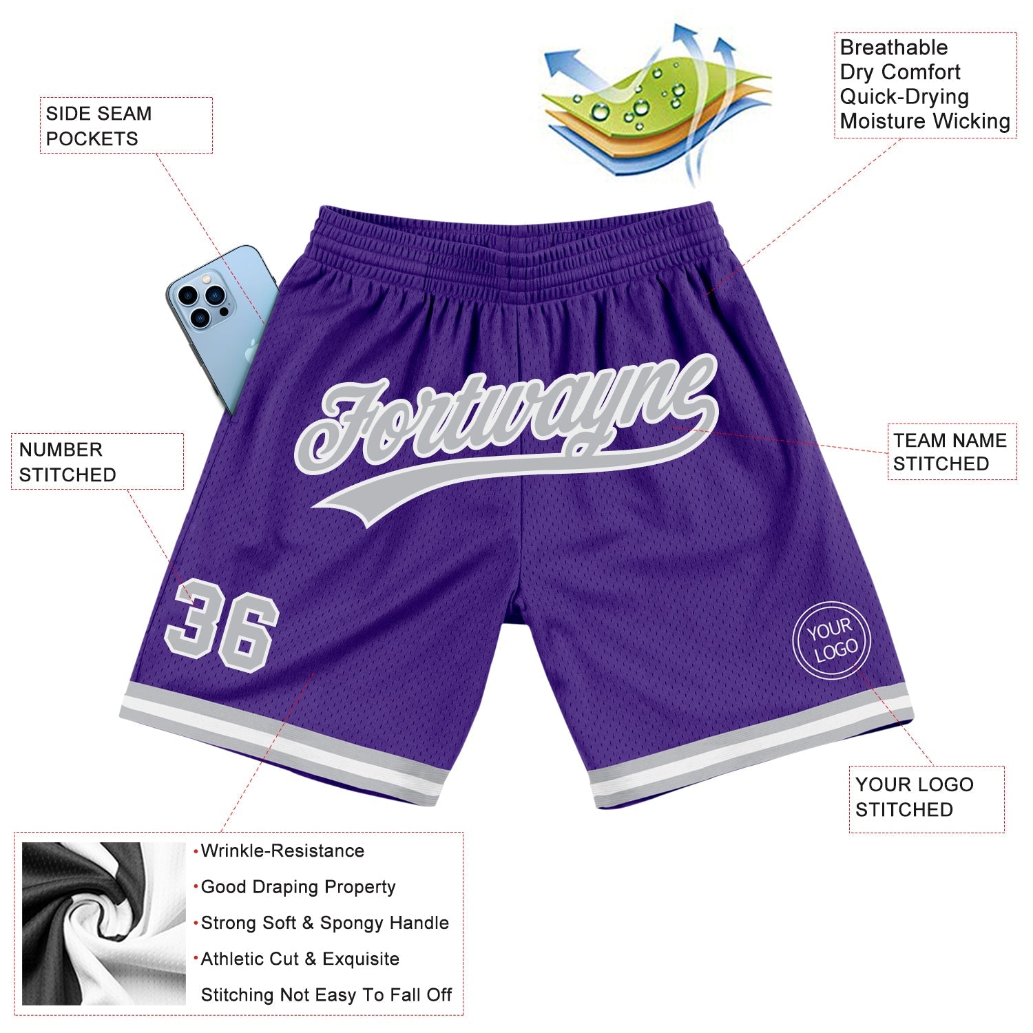 Custom Purple Gray-White Authentic Throwback Basketball Shorts view 2