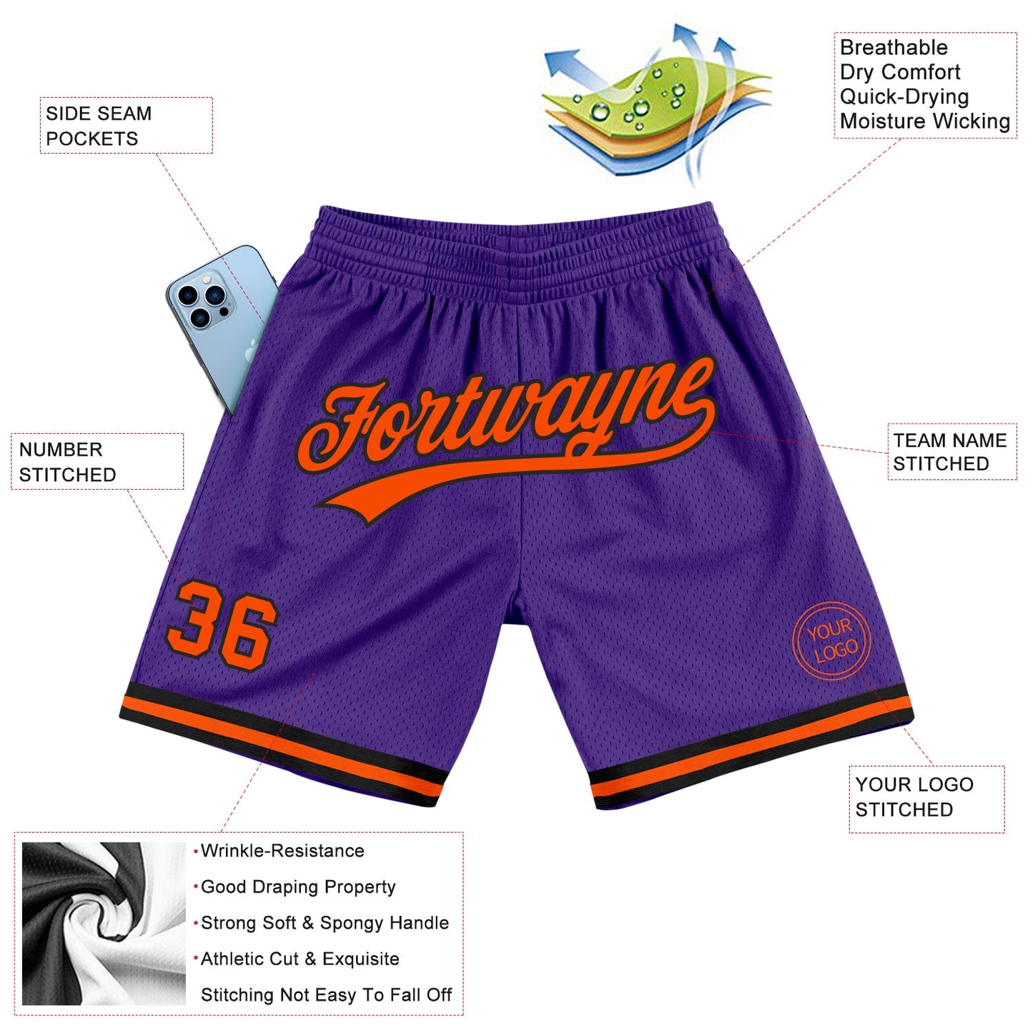 Custom Purple Orange-Black Authentic Throwback Basketball Shorts view 2