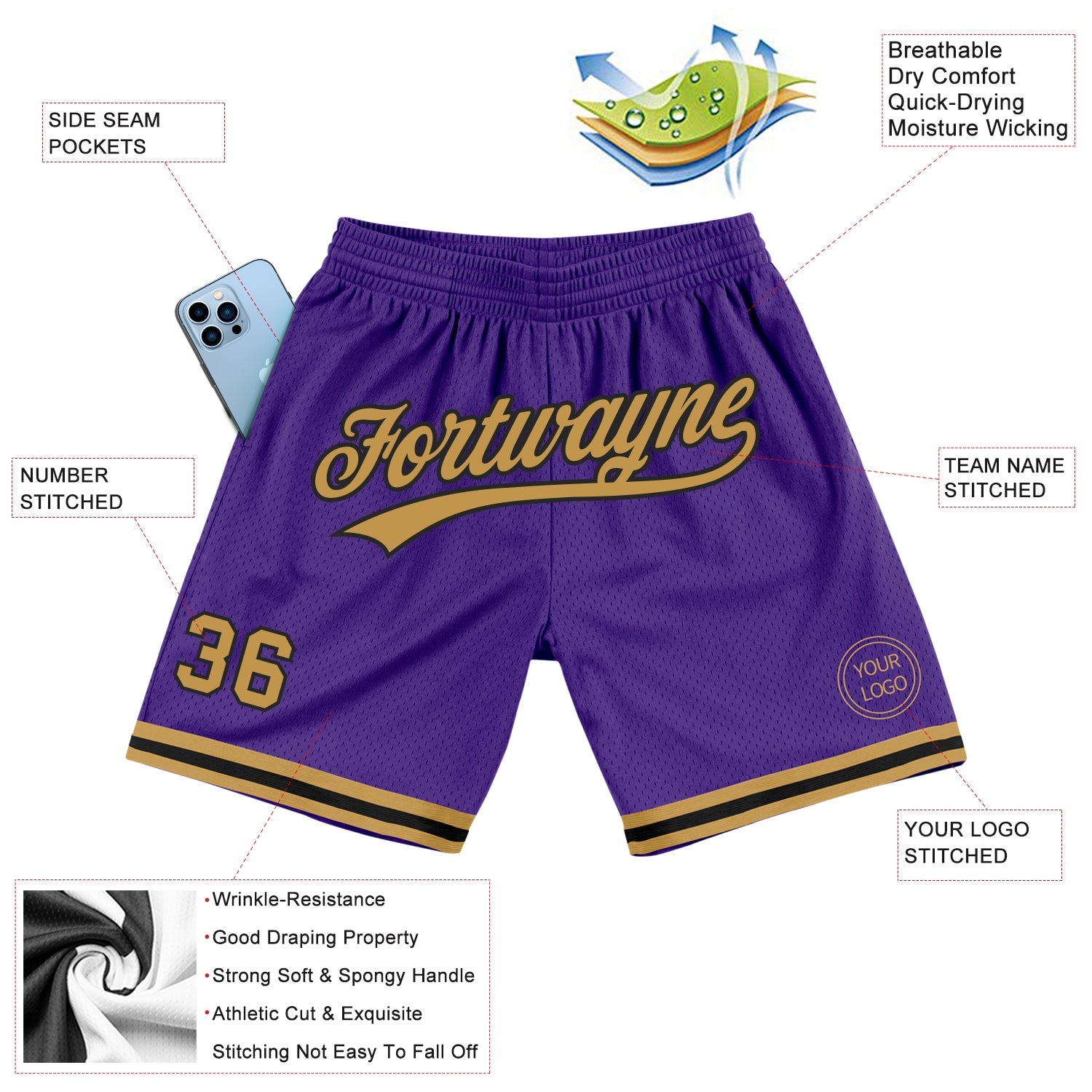 Custom Purple Old Gold-Black Authentic Throwback Basketball Shorts view 2