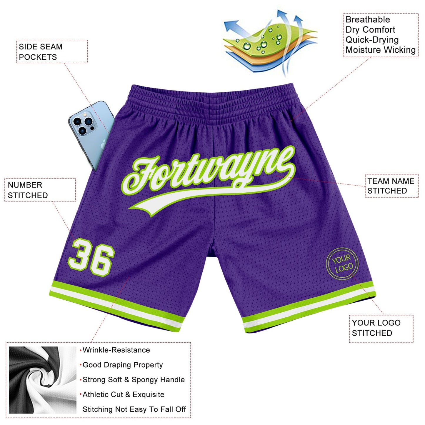 Custom Purple White-Neon Green Authentic Throwback Basketball Shorts view 2