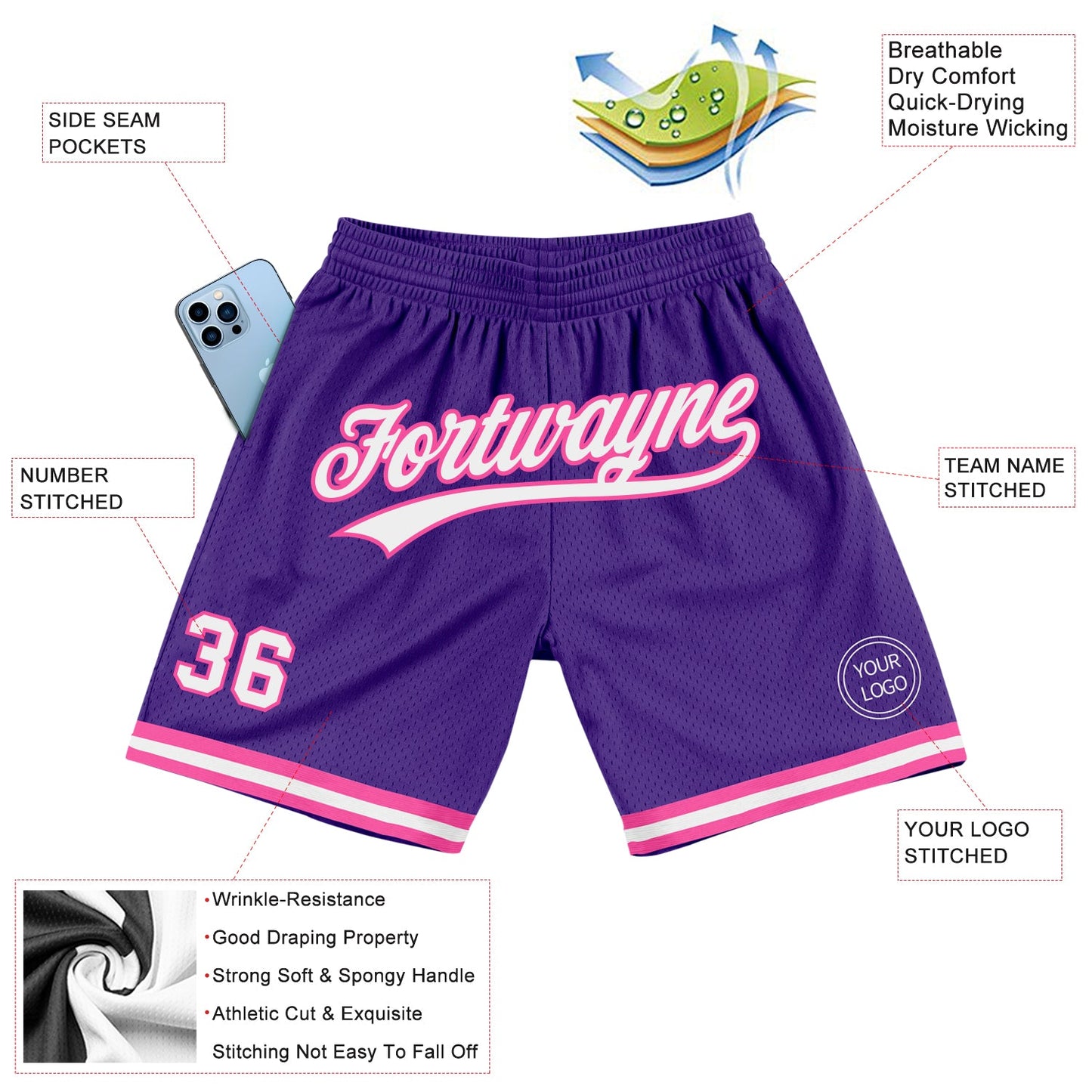 Custom Purple White-Pink Authentic Throwback Basketball Shorts view 2