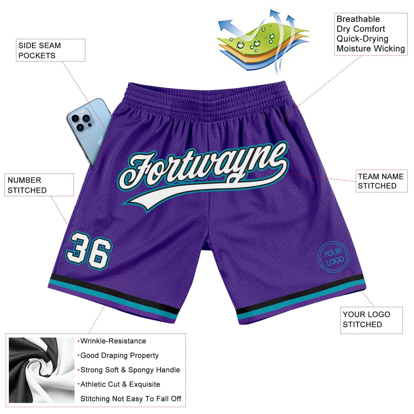 Custom Purple White Black-Teal Authentic Throwback Basketball Shorts view 2