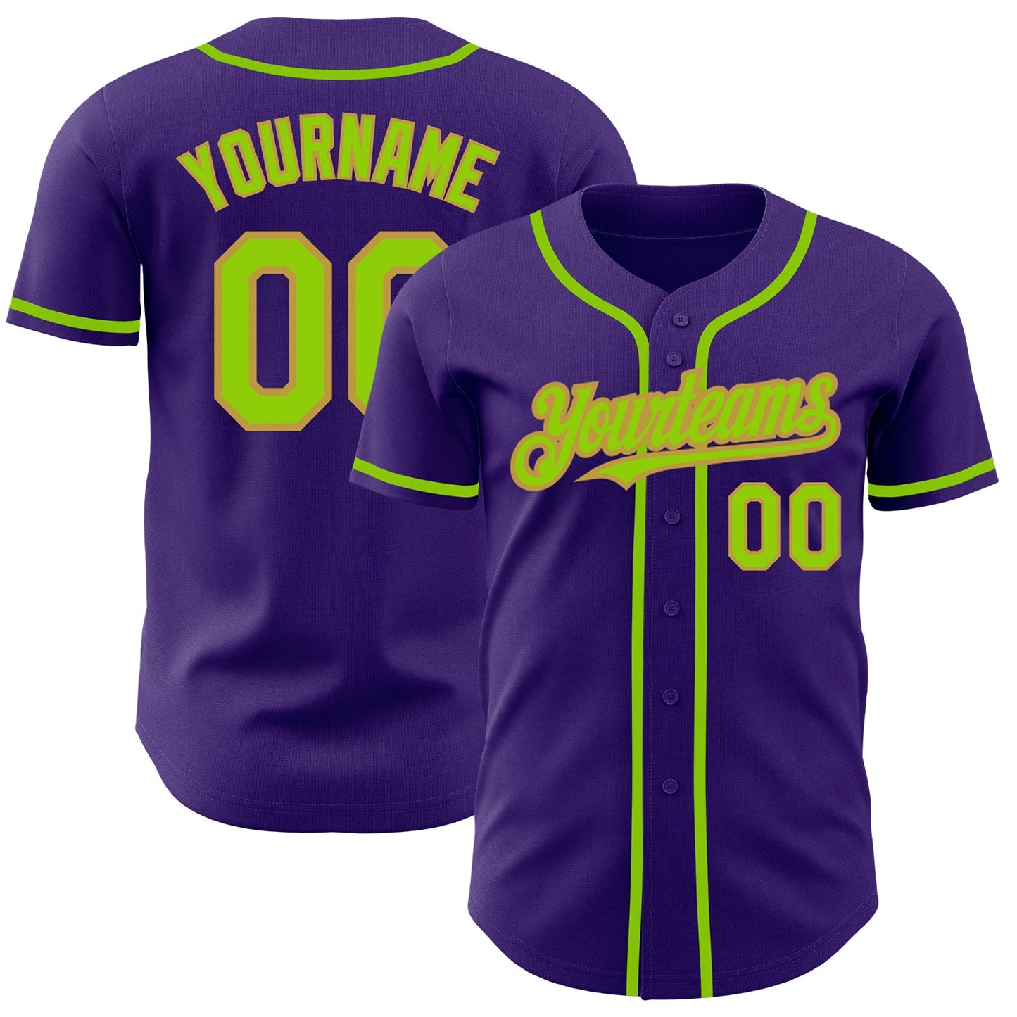 Custom Purple Neon Green-Old Gold Authentic Baseball Jersey - Main View