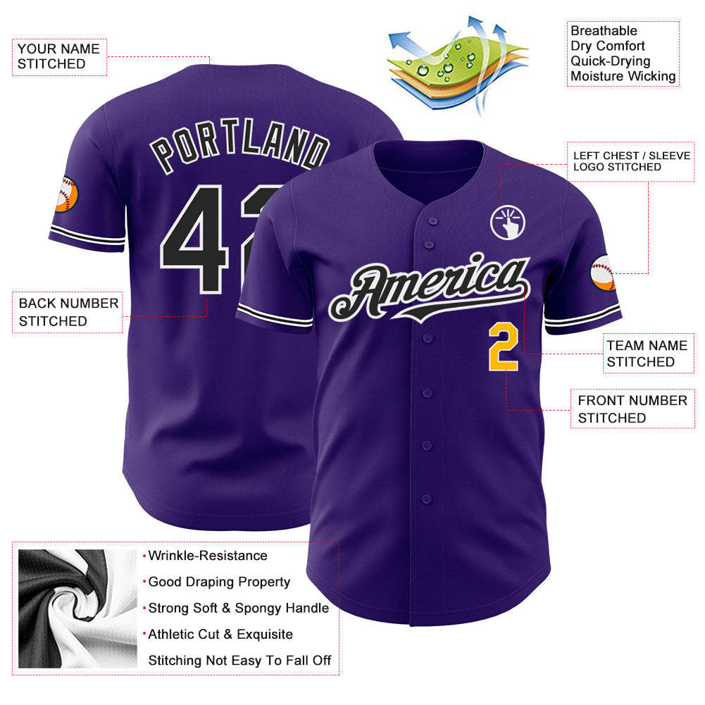 Custom Purple Black-Gold Authentic Baseball Jersey view 3
