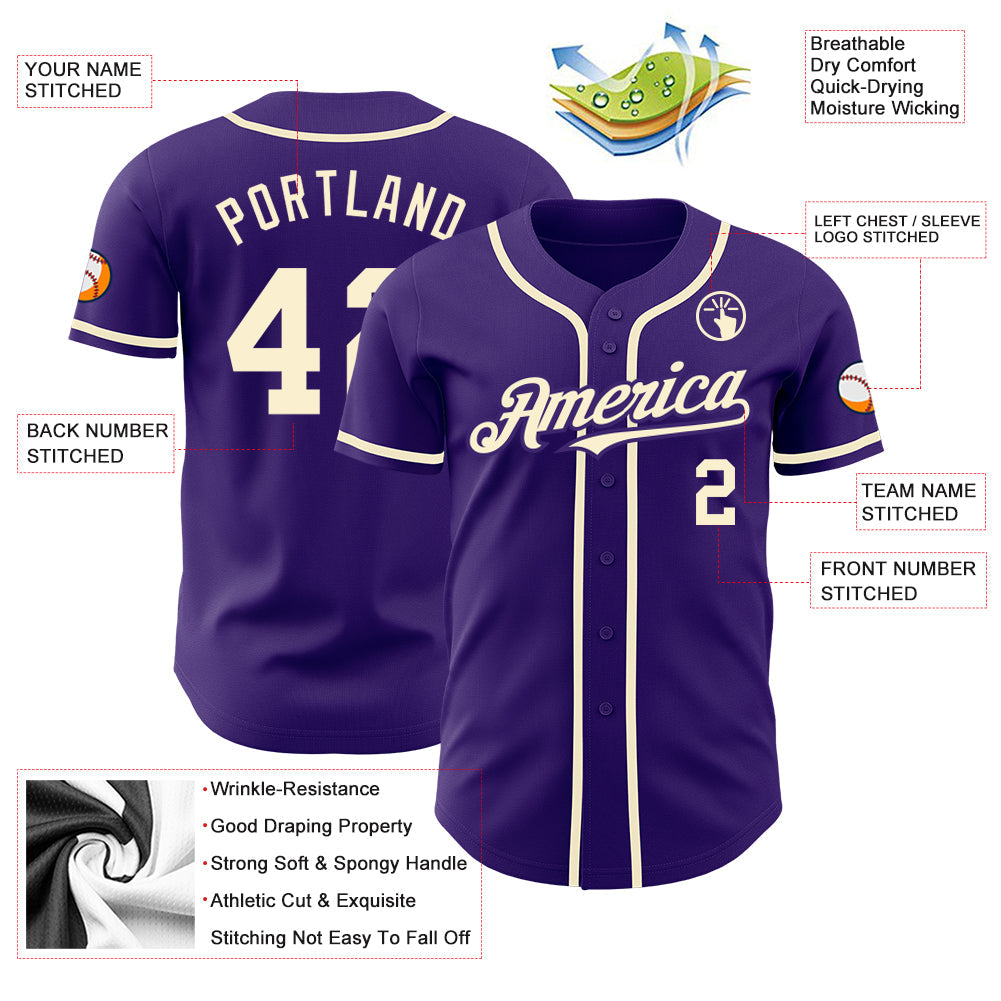 Custom Purple Cream Authentic Baseball Jersey view 3