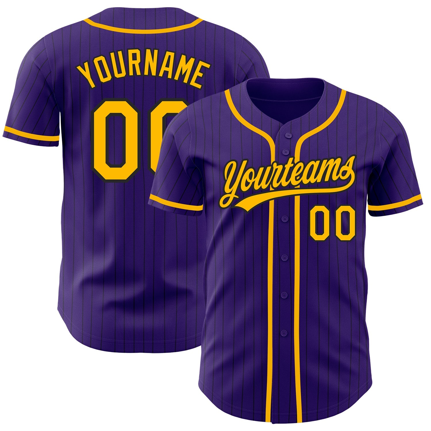 Custom Purple Black Pinstripe Gold Authentic Baseball Jersey - Main View